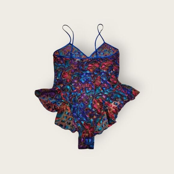 Vintage 90s Victoria's Secret blue floral sheer ruffle lingerie bodysuit - Picture 2 of 4
